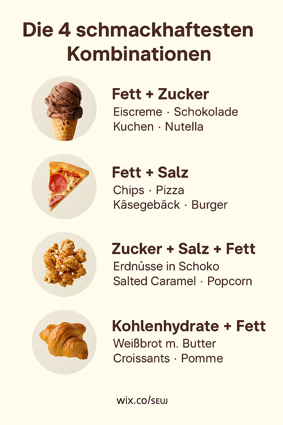 Verschiedene Geschmackskombinationen wie Fett und Salz oder Zucker und Fett 