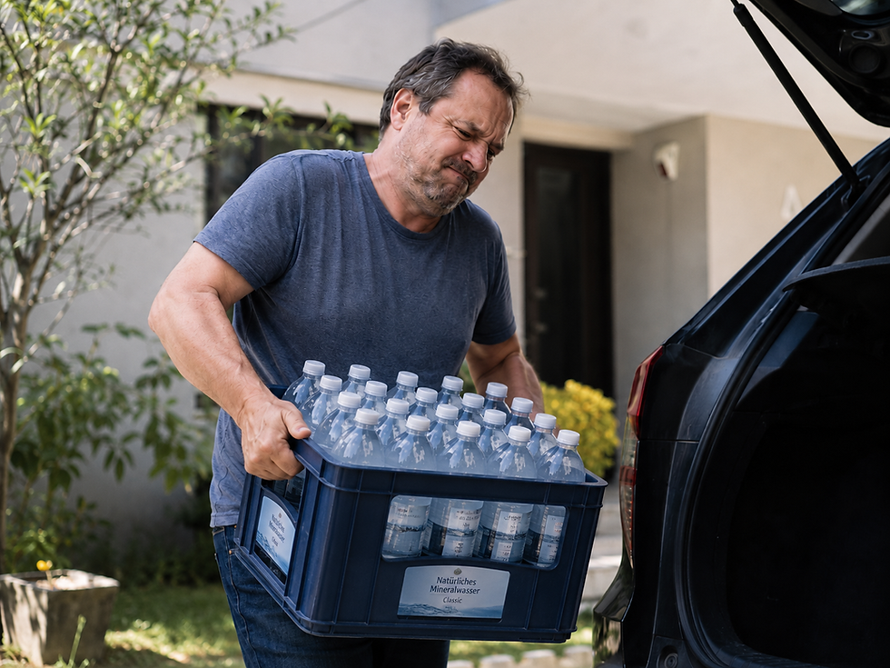 Mann im mittleren Alter trägt schweren Wasserkasten mit sichtbarer Anstrengung – Symbol für Muskelkraft, Muskelerhalt und Longevity im Alltag.