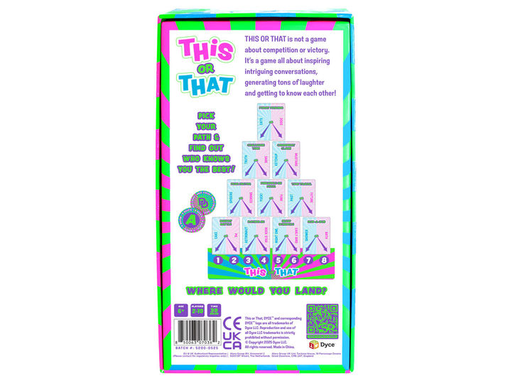 Back panel of the This or That game box showing gameplay details, sample content, and product information.