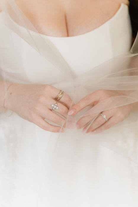 Detailaufnahme der Hände der Braut mit Eheringen