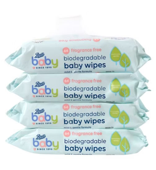 Boots Baby Fragrance Free Biodegradable soft baby wipes, 4 Pack