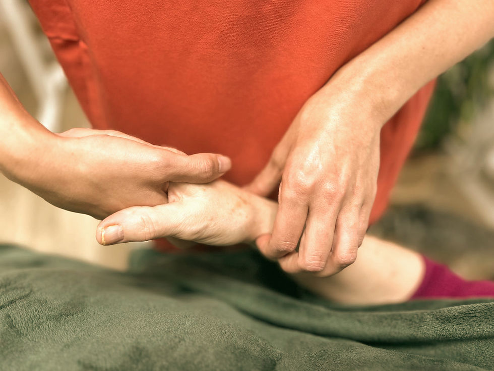 pulse diagnosis. practitioner holds client hand and feels pulses on inside of wrist.