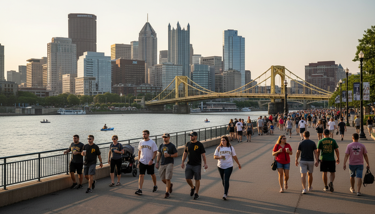Wide-angle view of families and fans walking near PNC Park with the Pittsburgh skyline behind them.