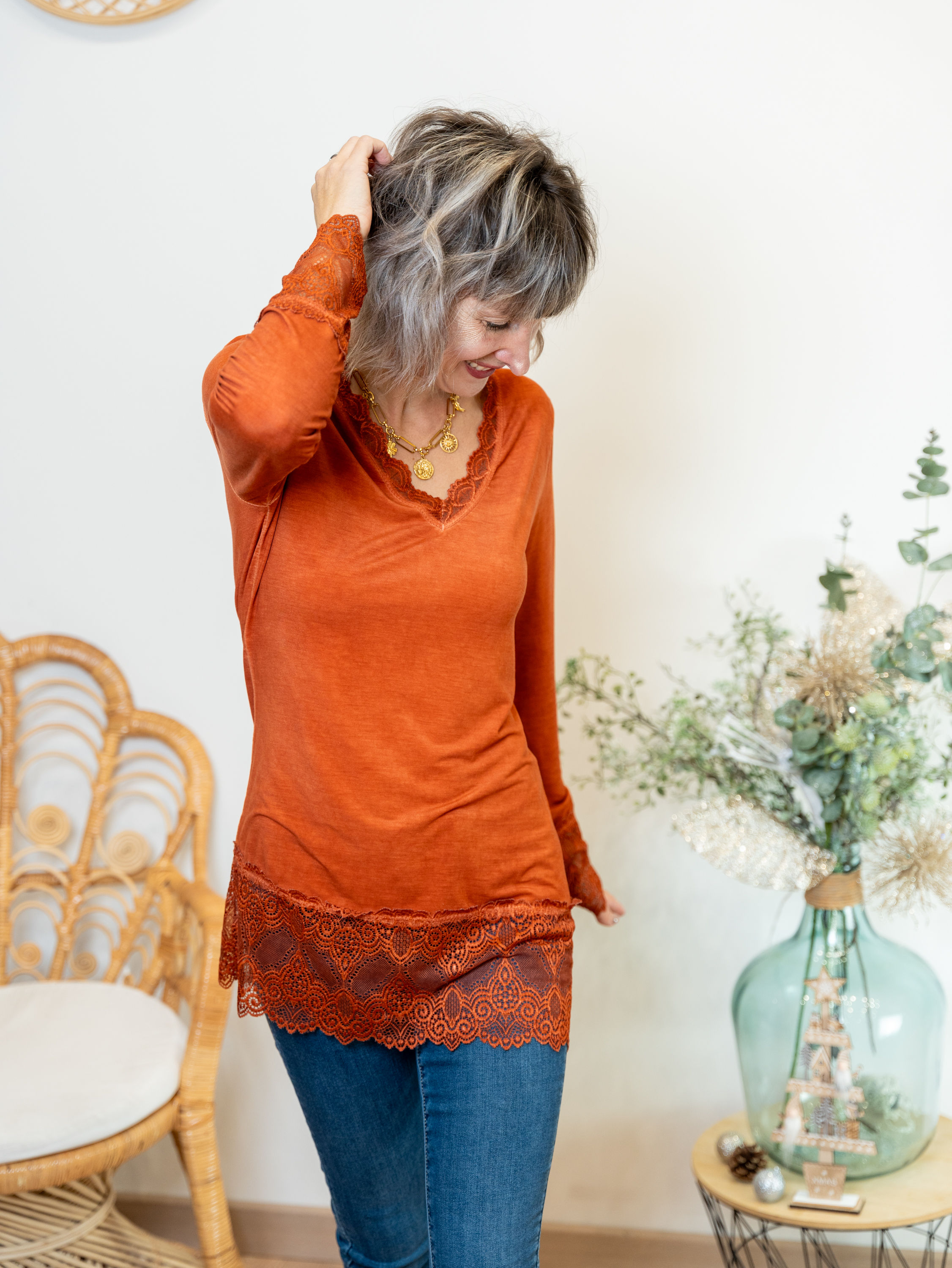 PIERRE -- Sous pull dentelle terracotta