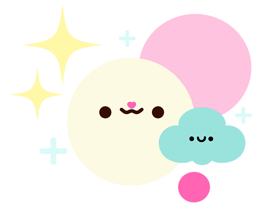 Kawaii-style pastel circles and cloud with smiling faces and sparkles – playful geometric illustration from Boop It Design