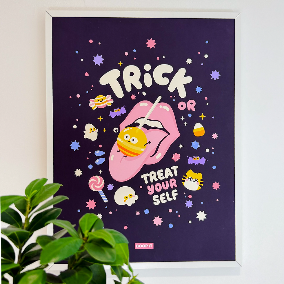 Trick or Treat Yourself Halloween poster by Boop It Design framed on a wall