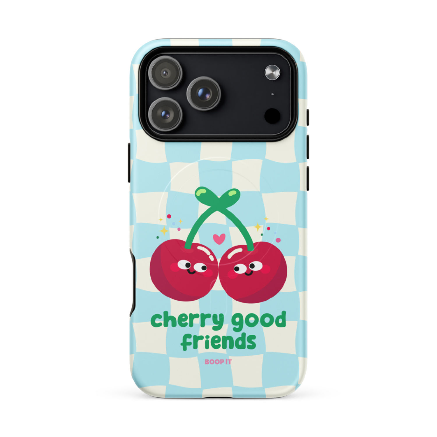 Cherry Good Friends MagSafe case in blue with cheerful cherries and a blue checkerboard pattern.