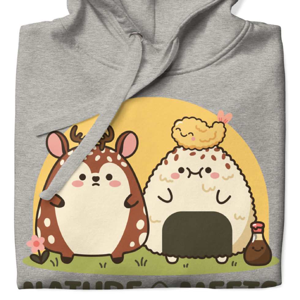 Thumbnail: Folded Carbon Grey hoodie with Nature Meets Nori print, showing cute deer and rice ball design.