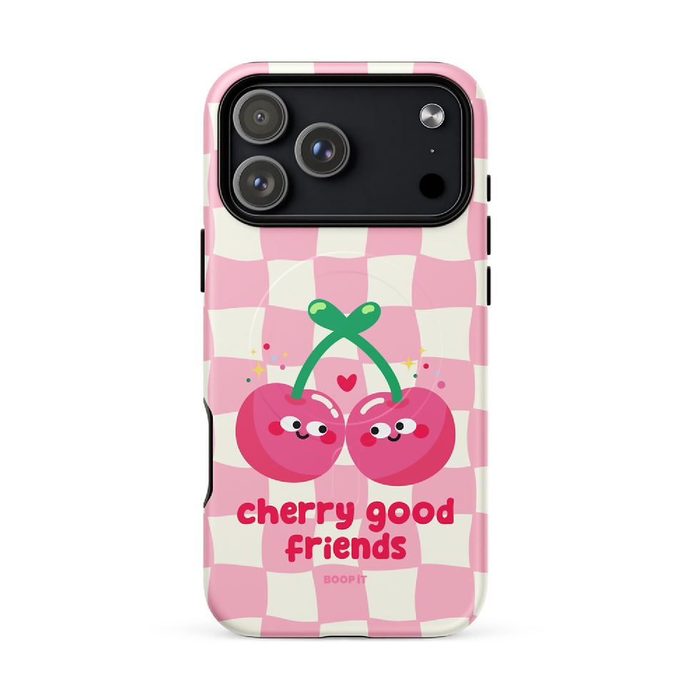 Cherry Good Friends MagSafe case in pink with cheerful cherries and a pink checkerboard pattern.
