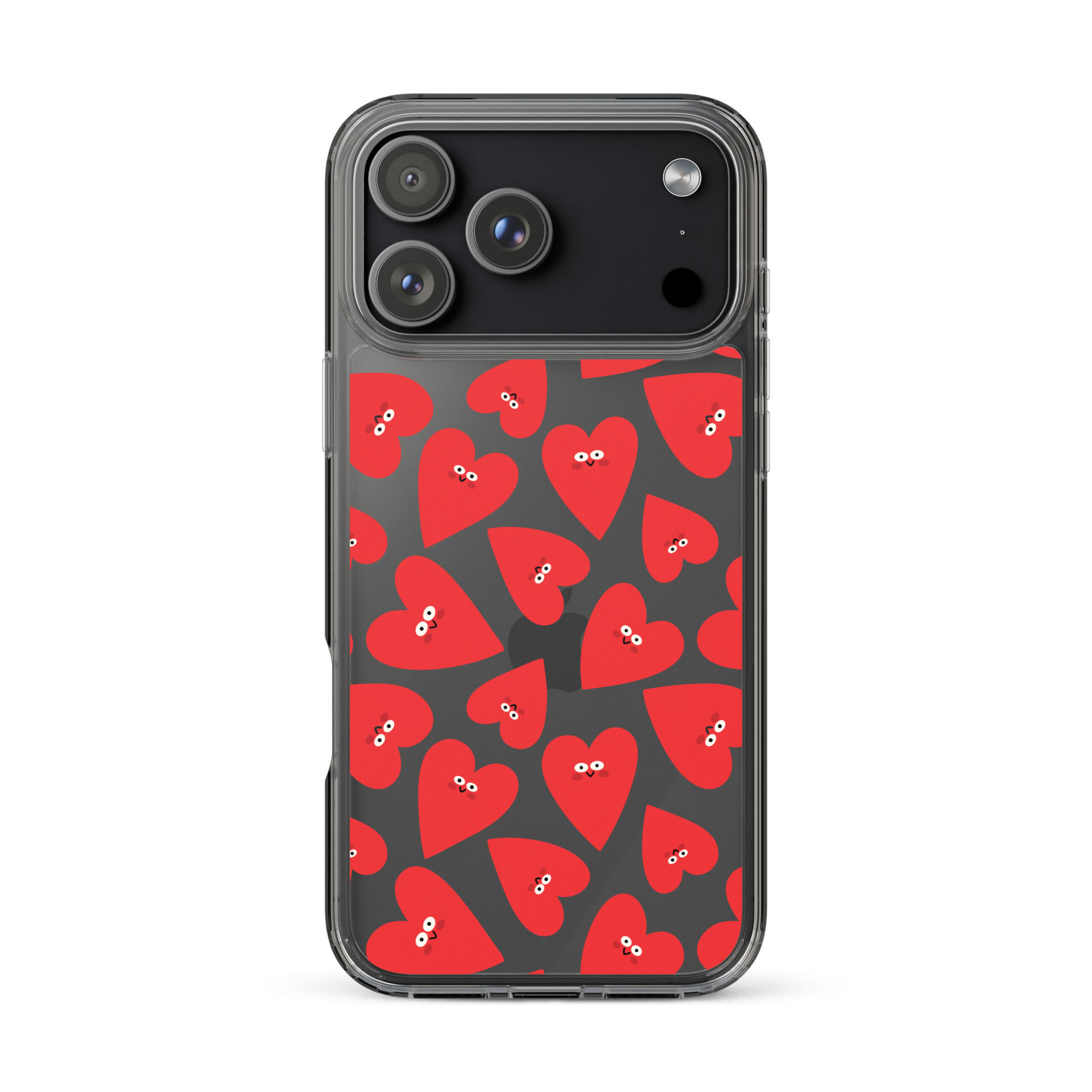 Happy Hearts clear iPhone case front view with red heart pattern