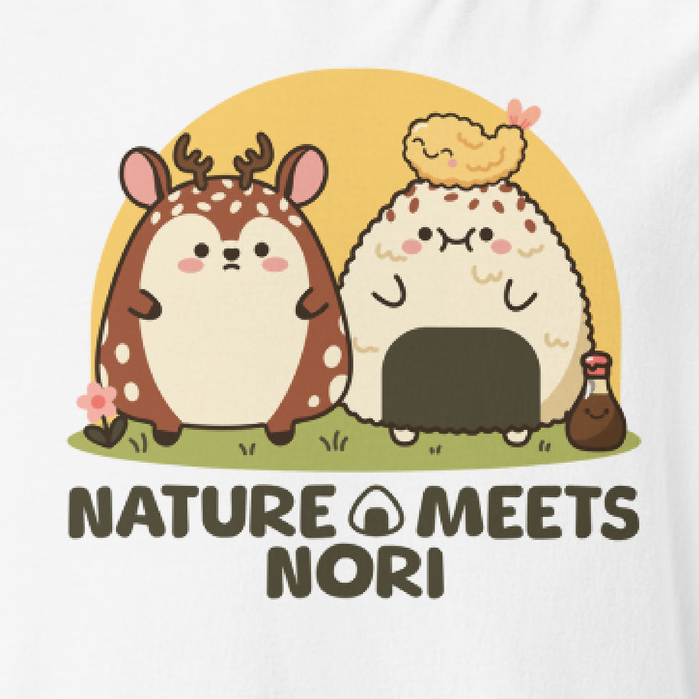 Close-up of Nature Meets Nori print on white t-shirt