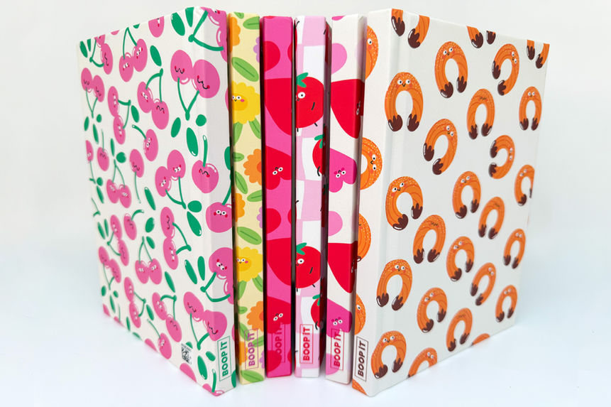 Colorful patterned notebooks from Boop It Design standing in a row.