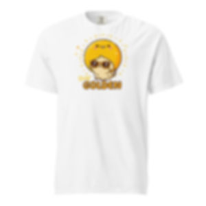 White t-shirt with Stay Golden print, front view.