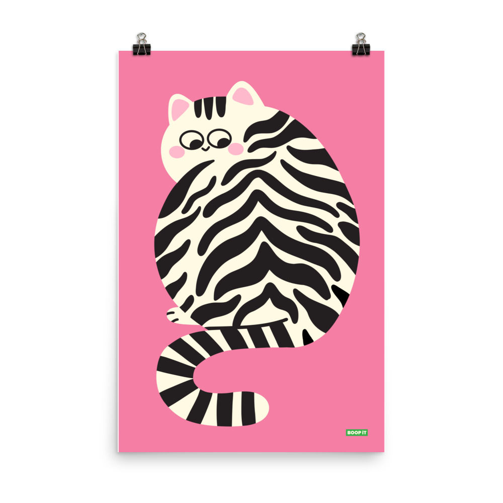 Big Kitty poster with a playful striped cat on a bright pink background