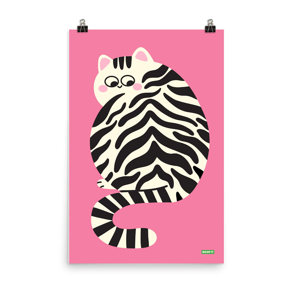 Big Kitty poster with a playful striped cat on a bright pink background