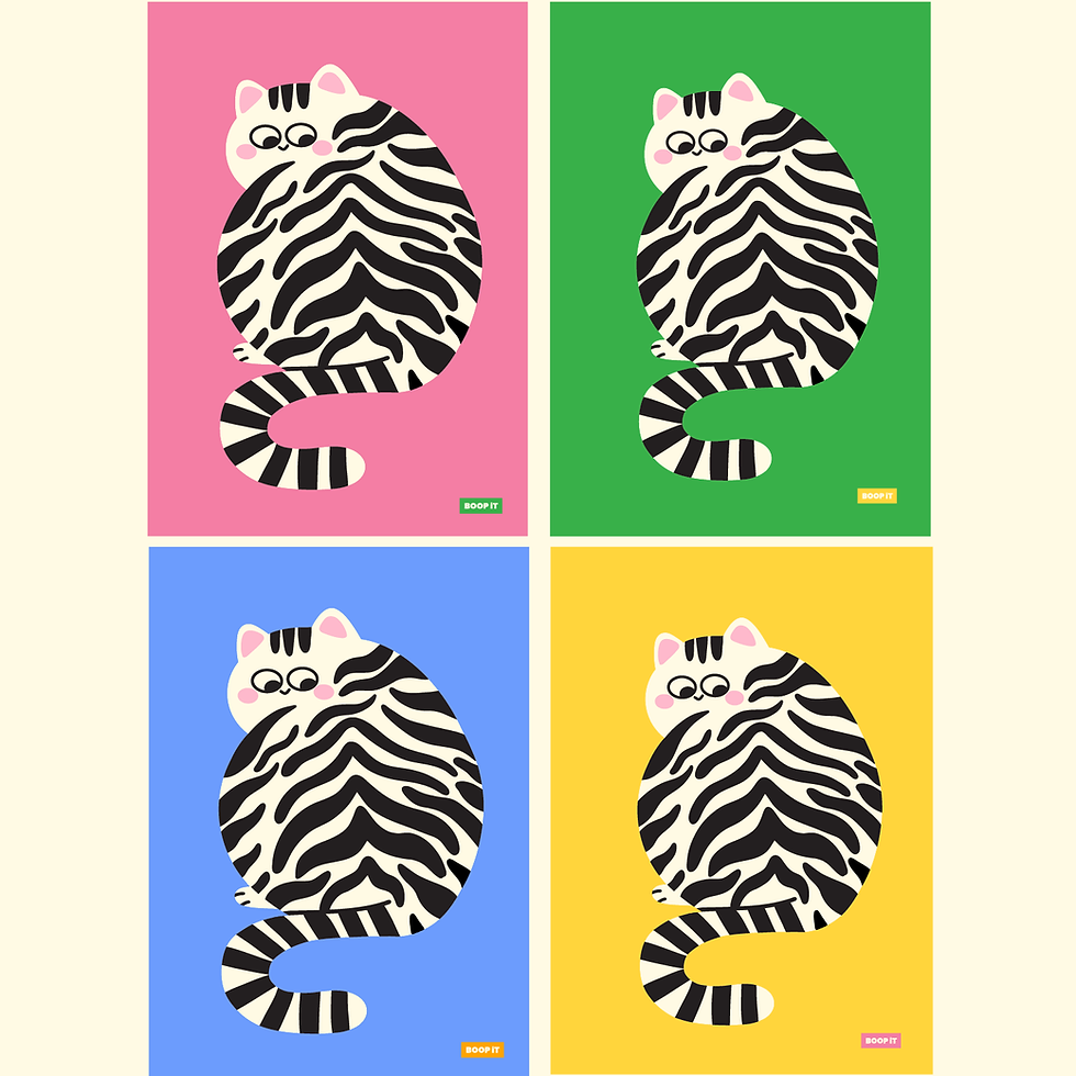 Big Kitty poster shown in four colors: pink, green, blue and yellow