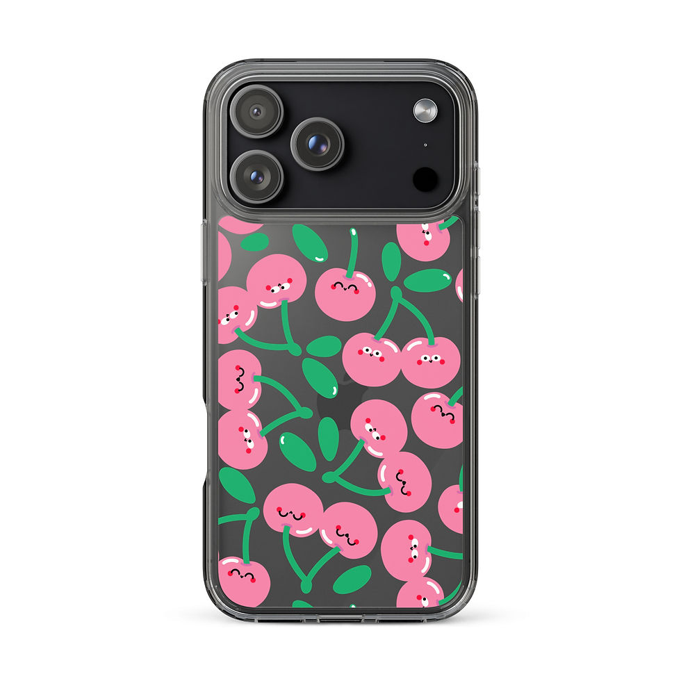 Cherry Pop clear iPhone case front view with cute pink cherry pattern