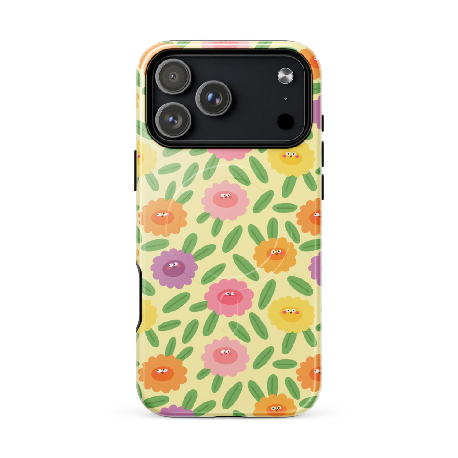 Floral Friends MagSafe phone case with colorful kawaii flowers on a cream background by Boop It Design.