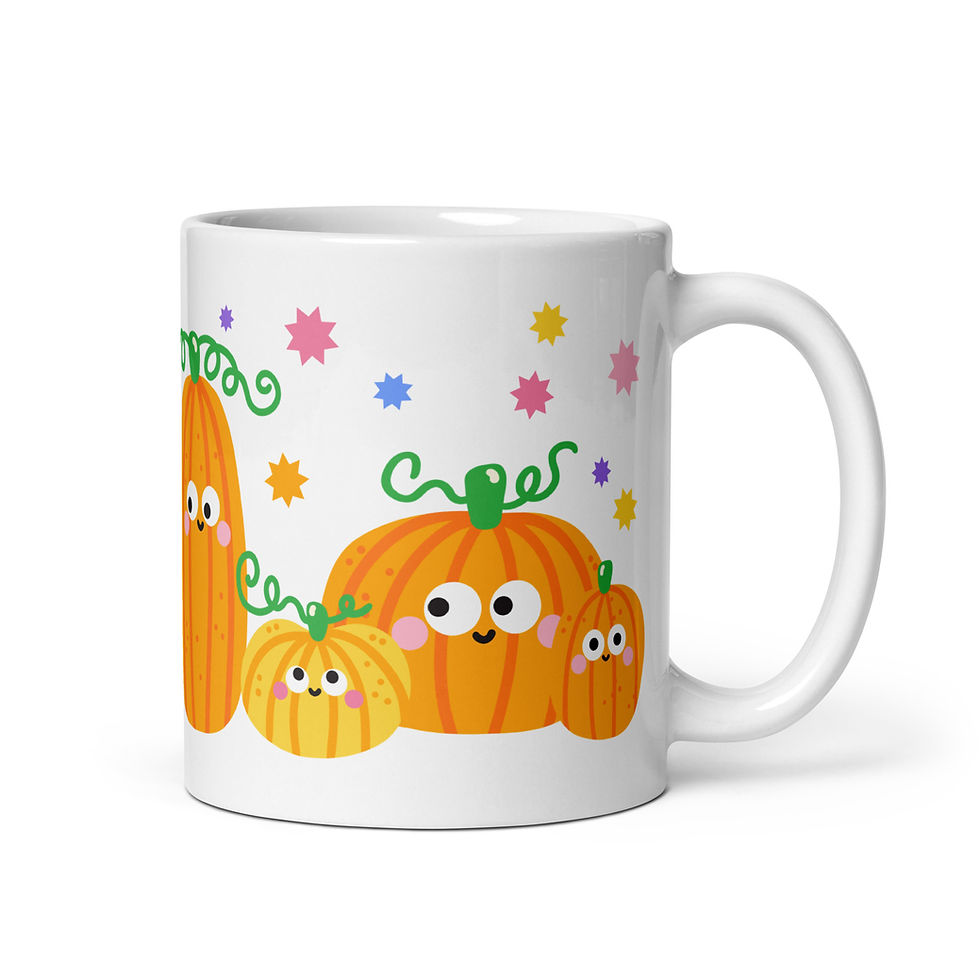 White ceramic mug with a group of colorful happy pumpkin characters