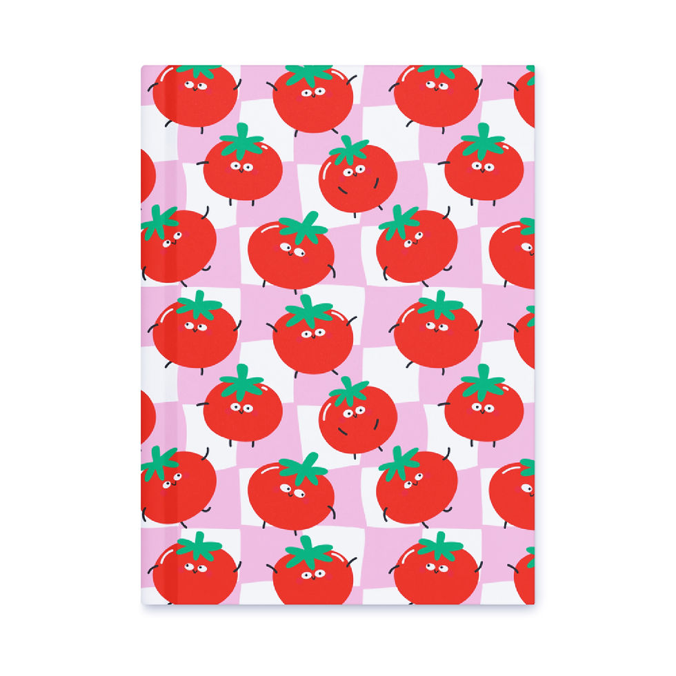 Hardcover notebook with cute red tomato pattern on a pink checkered background, shown from the front.