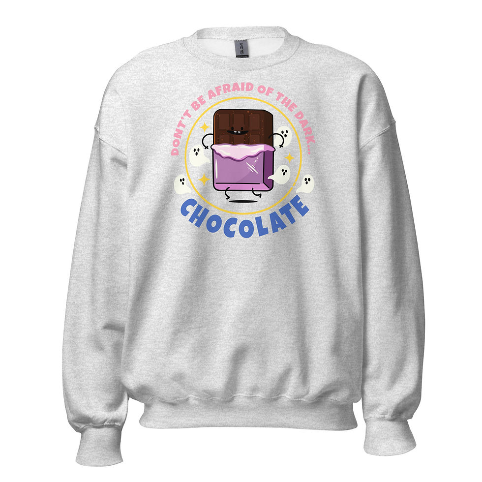 Front view of light grey sweatshirt with pink-and-purple chocolate and ghost print