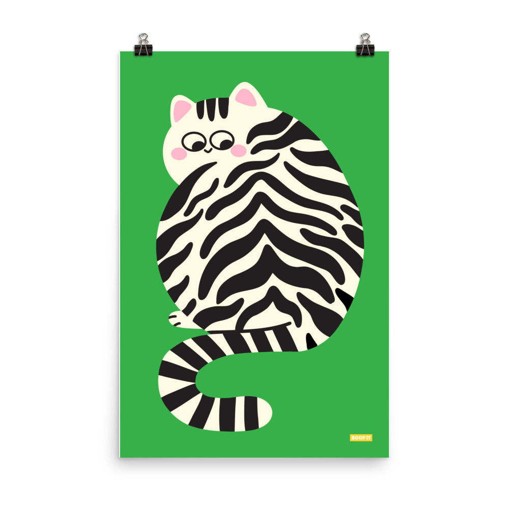 Big Kitty poster with a playful striped cat on a bright green background