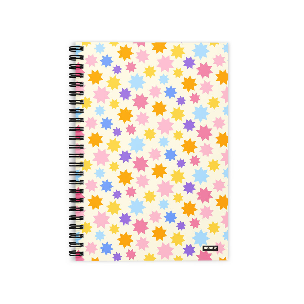 Happy Stars spiral notebook with colorful star pattern on cream background