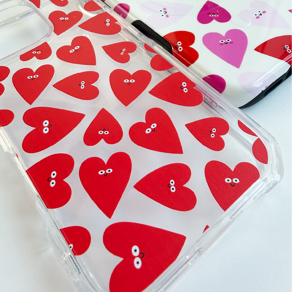 Thumbnail: Real photo of clear phone case with red hearts pattern showing glossy finish