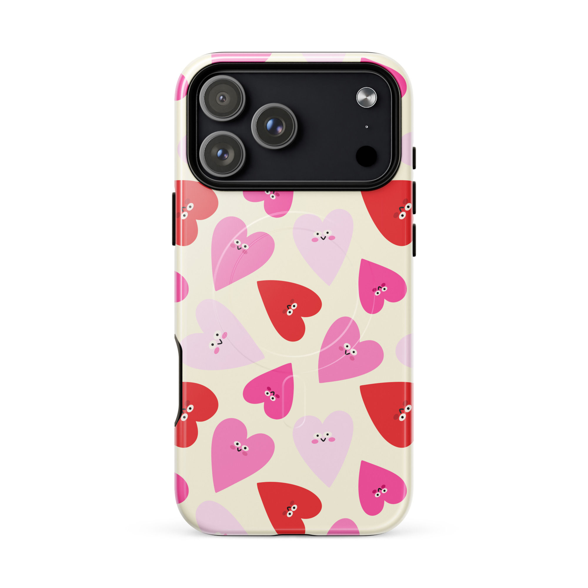 Happy Hearts MagSafe iPhone case front view with pink and red heart pattern