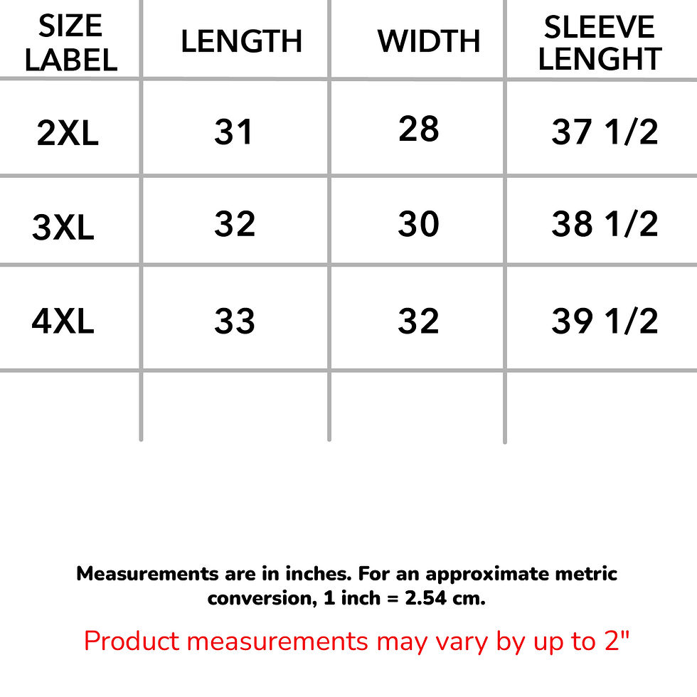 Thumbnail: Size chart for Gildan 18500 hoodie in sizes 2XL to 4XL with measurements in inches.