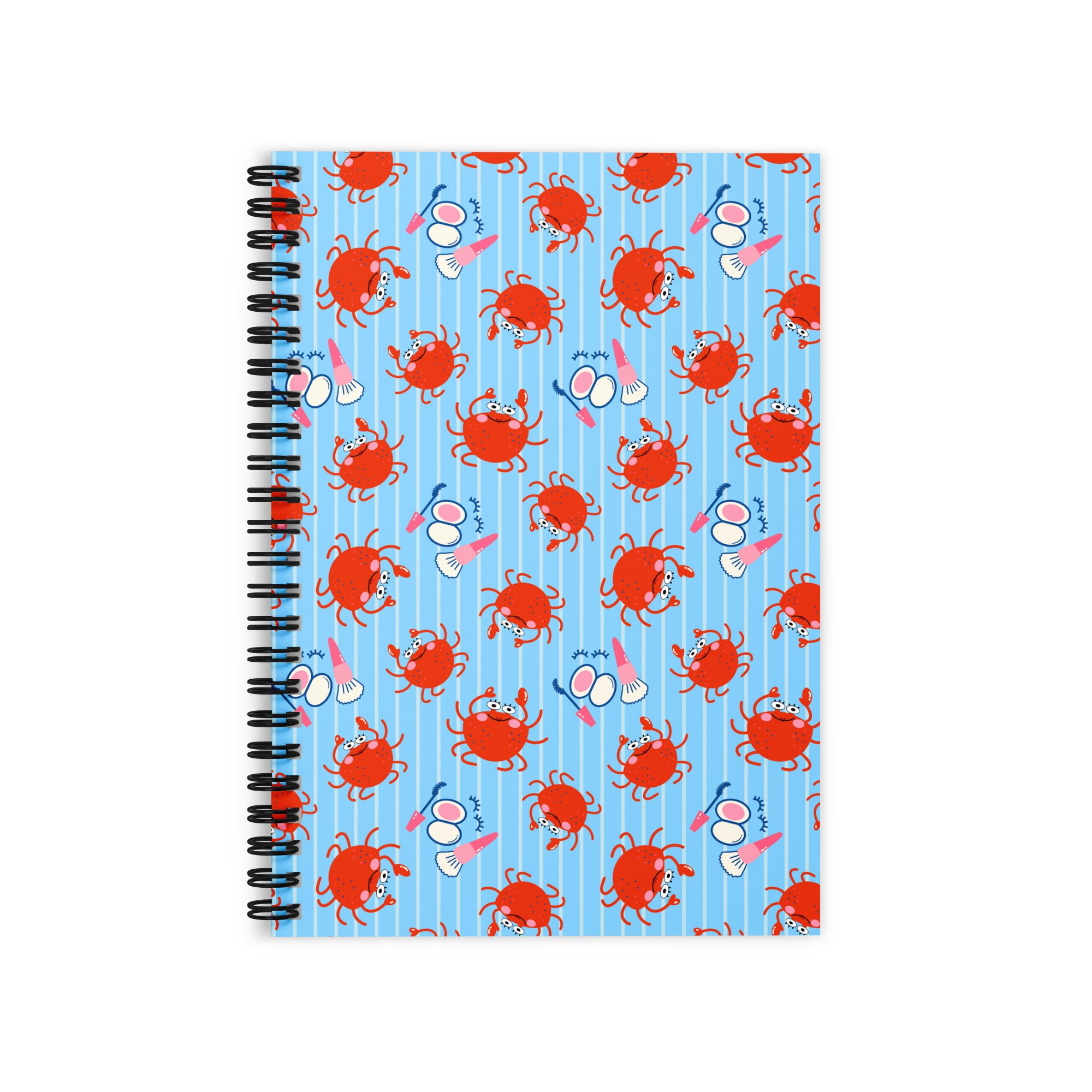 Glow-Up Era spiral notebook with happy crab and beauty pattern on blue stripes