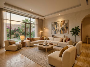 A luxury living room interior in Riyadh — a generous seating arrangement in warm ivory and taupe, natural stone floors, layered lighting, and a composition that balances openness with sensory warmth
