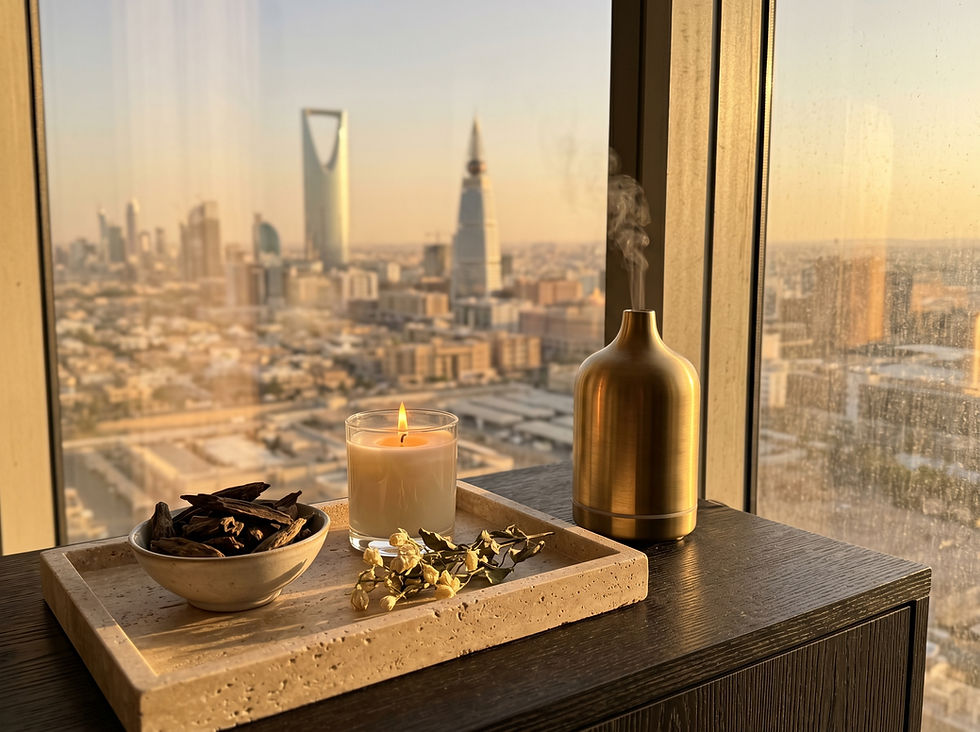 Luxury interior detail with dried botanicals, natural materials, and warm candlelight — scent design by Ironwood Solutions, Riyadh