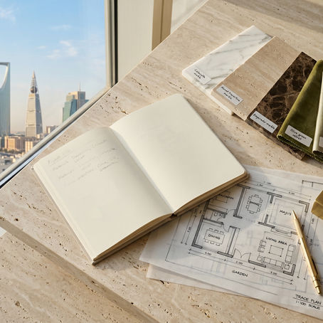 A luxury interior design consultation in progress — a flat-lay of a project brief, material samples, and sketches arranged on a stone surface in a Riyadh studio