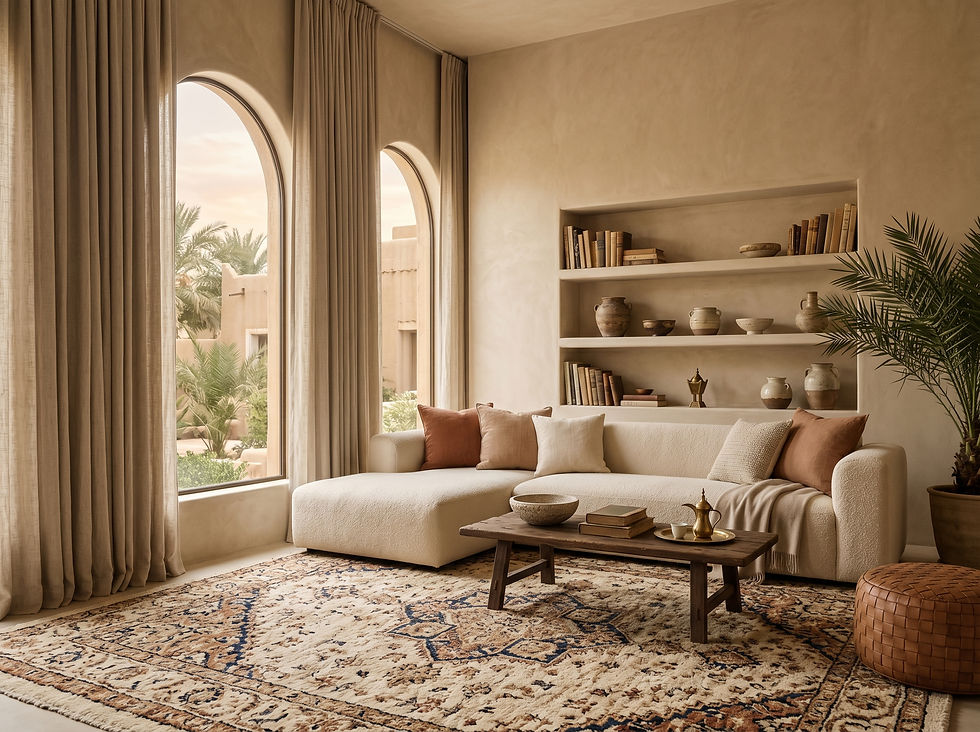 A quiet luxury interior with layered soft furnishings and textured walls — acoustic design by Ironwood Solutions, Riyadh