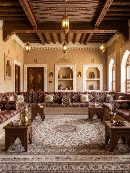 ديكور داخلي معاصر في الرياض يستلهم من التراث النجدي — زخارف جص هندسية ودرجات ترابية دافئة وتفاصيل معمارية مستوحاة من العمارة النجدية التقليدية