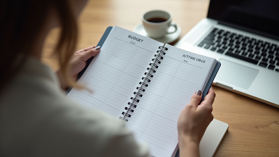 High angle view of a person reviewing a budget planner with a laptop nearby