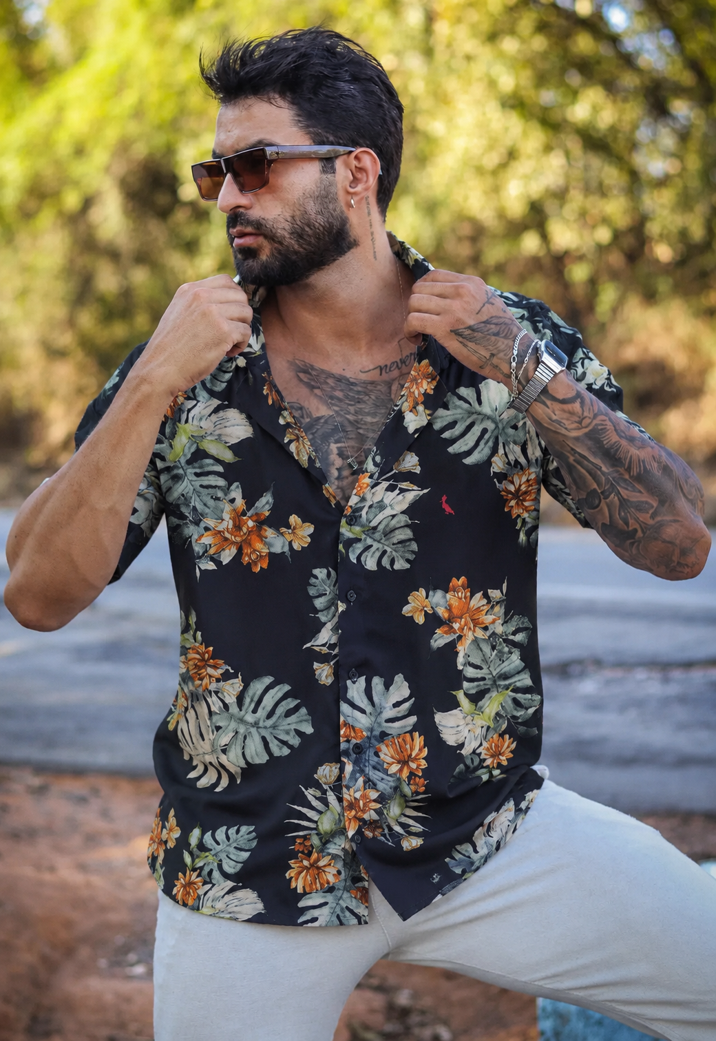 Camisa masculina preta floral Reserva - G