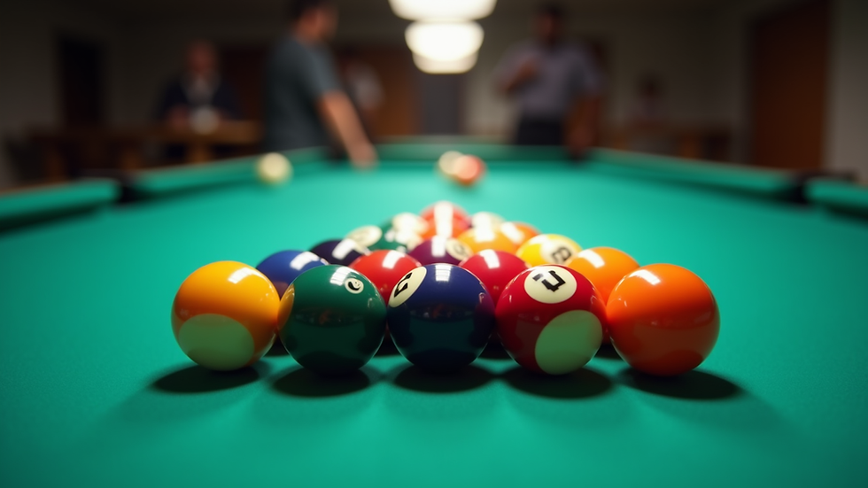 Eye-level view of a well-maintained pool table with colorful balls arranged for a game