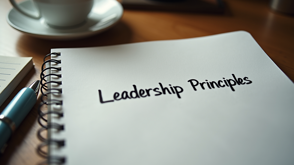 Close-up view of a notebook with leadership principles written on it