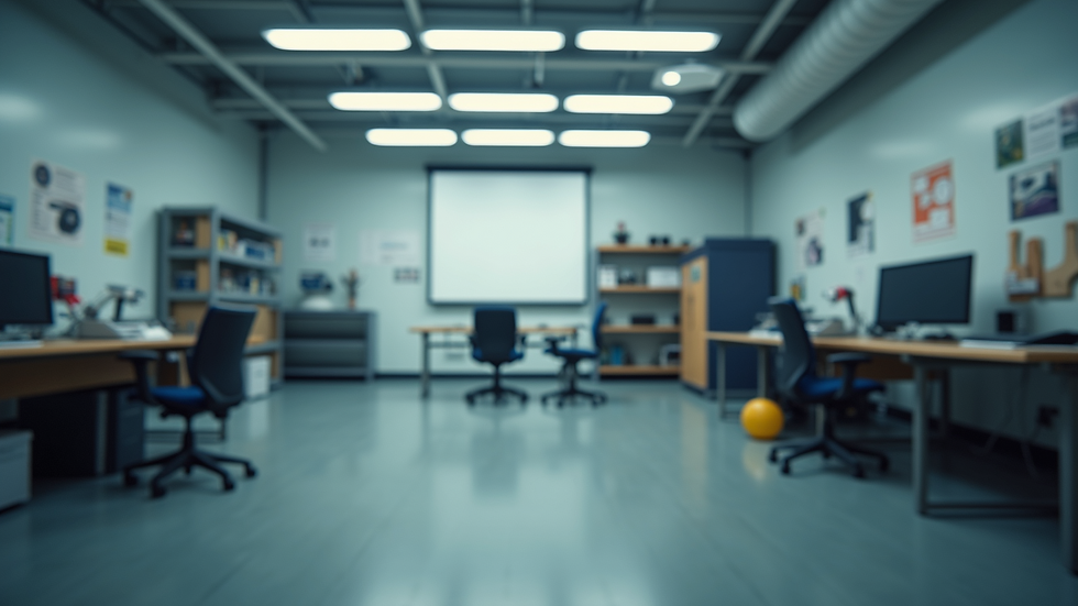 Wide angle view of a modern training room with tools