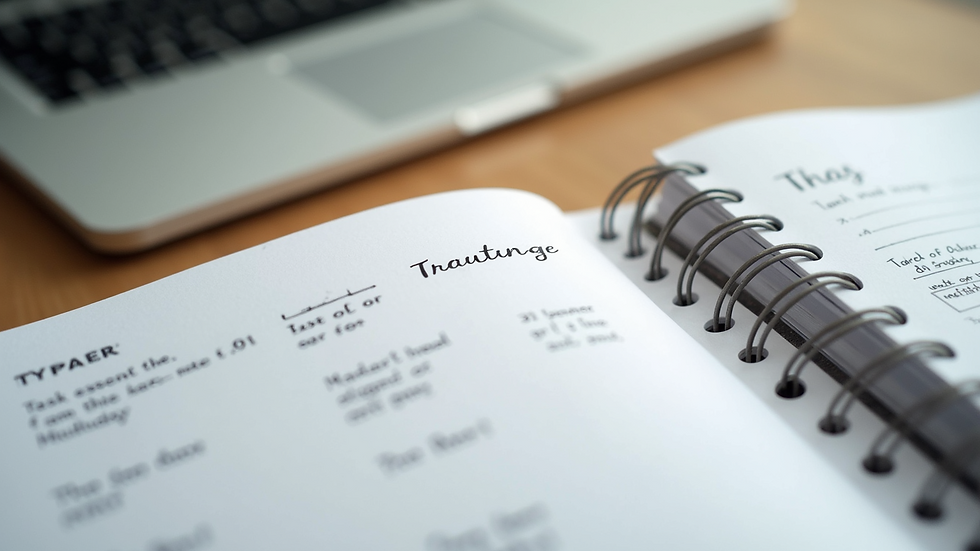 Close-up view of a calendar and planner with tasks organized