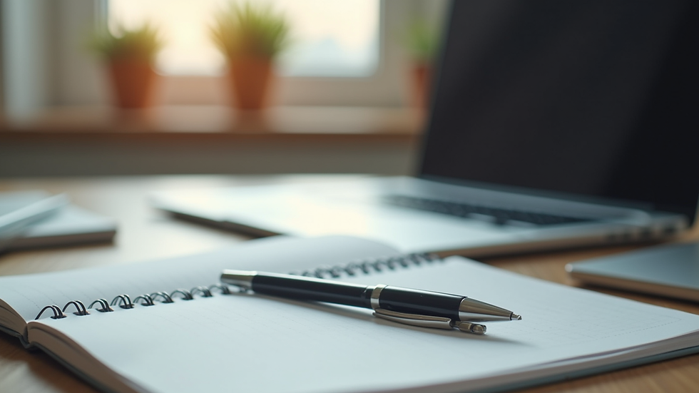 Close-up view of a notebook and pen beside a laptop during an online coaching session