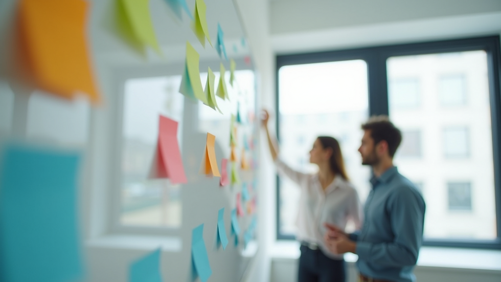 Close-up view of a whiteboard with colorful sticky notes and team planning