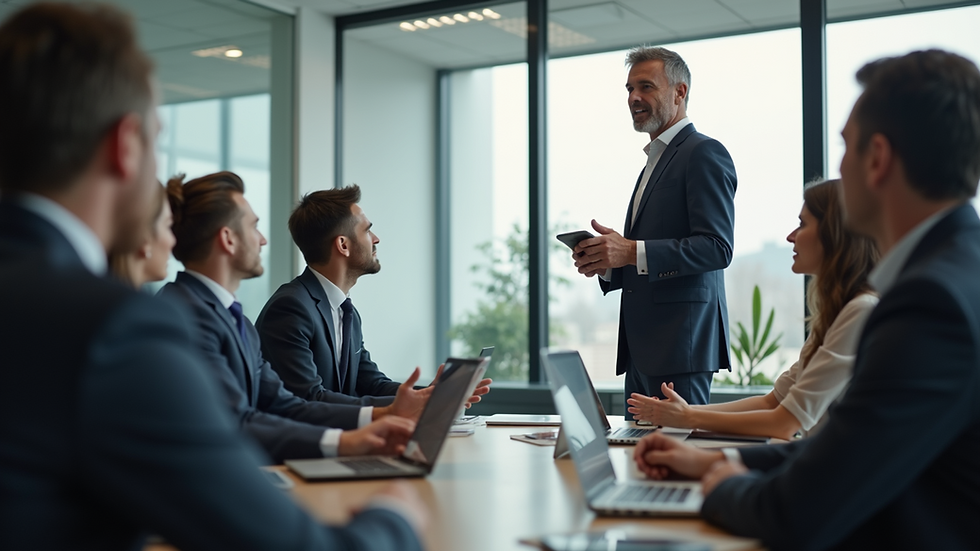 Eye-level view of a leader speaking to a small team in a modern office