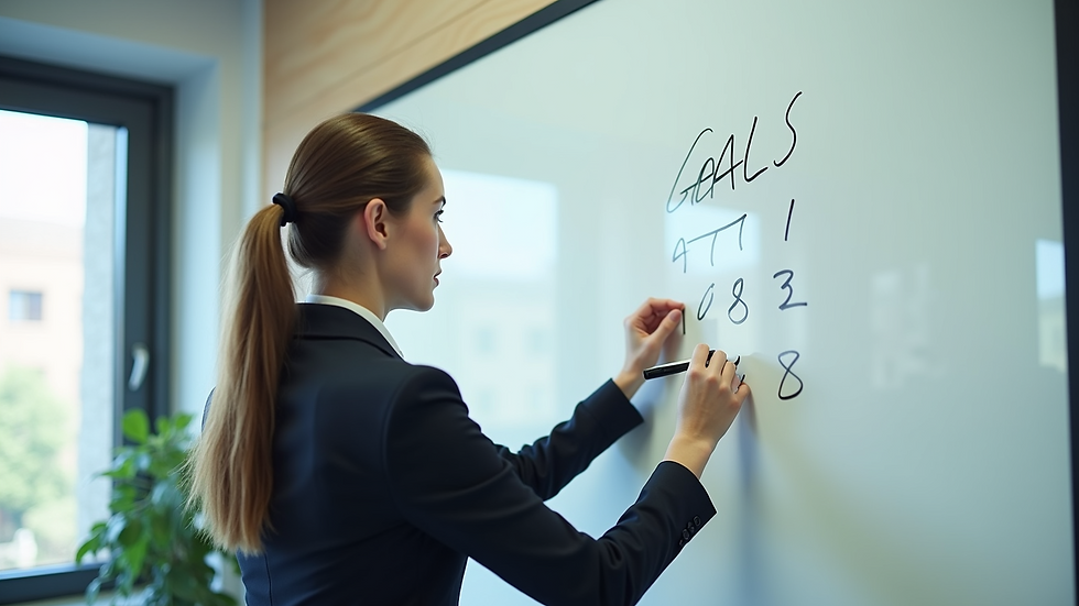 High angle view of a leader writing goals on a whiteboard