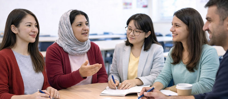Adult newcomers discussing and learning together in a LINC English class