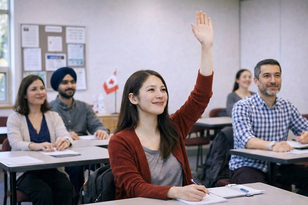 Adult students learning English in a LINC classroom in British Columbia