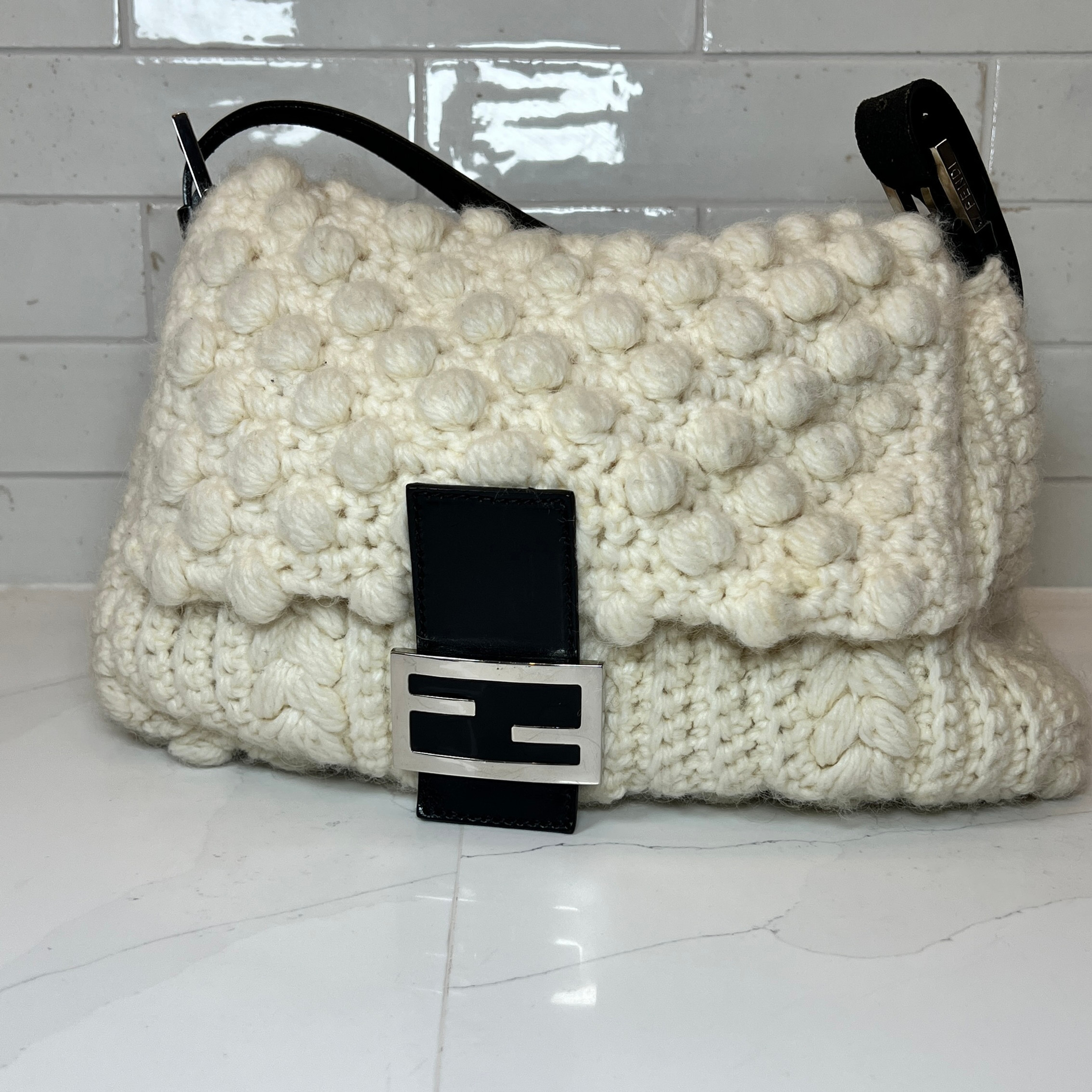 FENDI RARE Knitted Crochet Mamma Shoulder Baguette Bag in White/Black