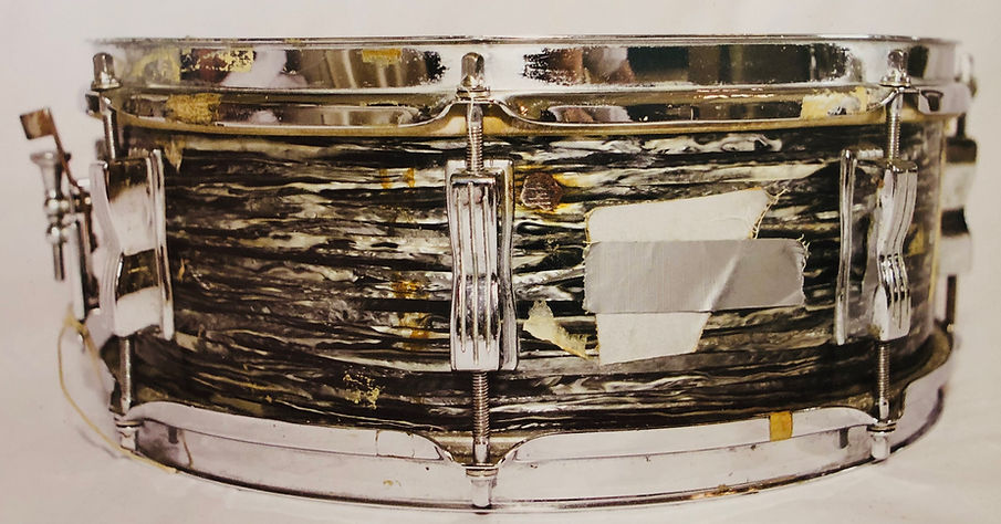Ringo Starr's 1963 Ludwig oyster black pearl Jazz Festival snare drum cigarette burn mark